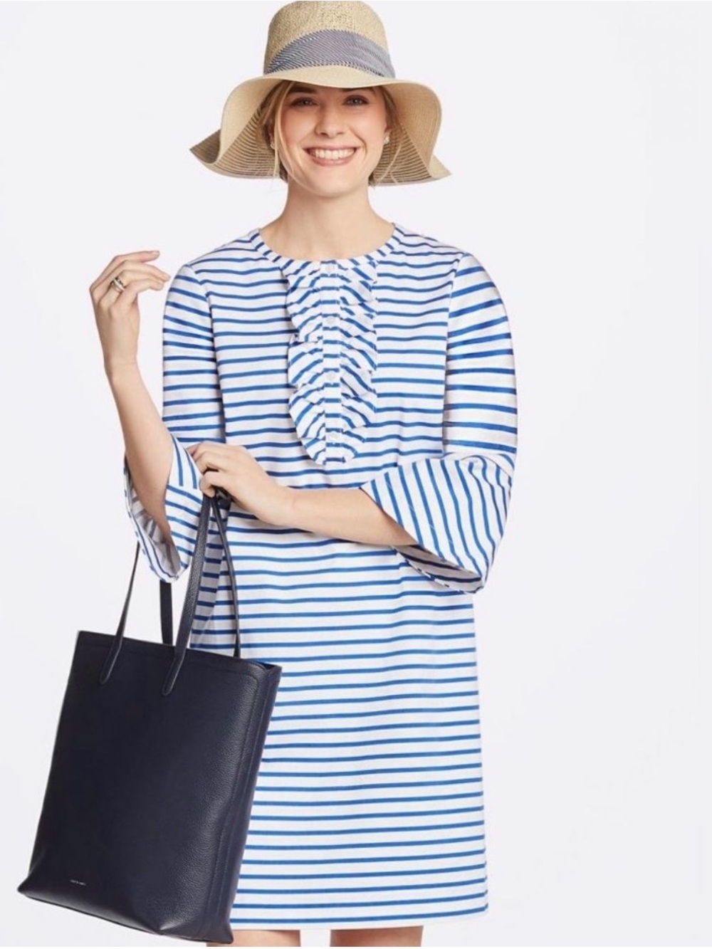 Draper James Blue and White Striped Ruffle Neck Dress Southern Prep Nautical 8